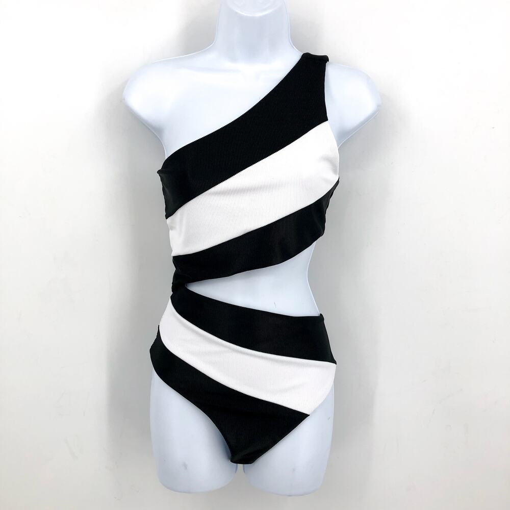 BEACH RIOT Women's Joyce One Shoulder One Piece Swimsuit Small Black White NWT - Picture 4 of 12